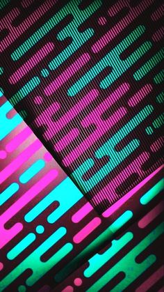 an array of colorful lines and dots on a black background with green, pink, blue, and purple colors