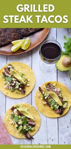 grilled steak tacos with avocado and cilantro on the side