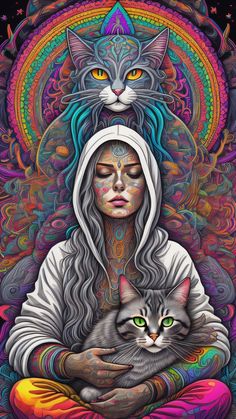 a woman holding a cat in her arms with an intricate background and colorful art work