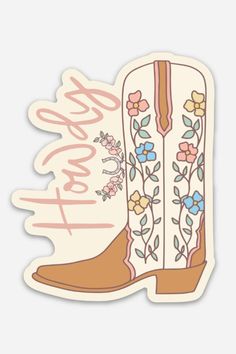 approx 3" x 2.5" thick, durable vinyl sticker safe from from scratches, water & sunlight (c)2024, inviting affairs paperie - All rights reserved Trendy Stickers, Cowgirl Boot Illustration, Cowboy Boots Graphic Design, Cowboy Stickers Aesthetic, Cowgirl Boot Graphic Design, Cowboy Boot Sticker, Tecovas Boots, Jane Shoes, Cowboy Aesthetic