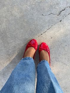 Red Pump Outfits, Steve Madden Red Flats, Ballet Flats Red Outfit, Pop Of Red Outfit Fall, Red Ballet Flats Aesthetic, Red Flats Aesthetic, Steve Madden Red Ballet Flats, Red Ballet Pumps Outfit, Cherry Red Ballet Flats