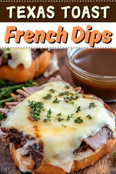 These Texas Toast French Dips are so cheesy and delicious! Served open-faced with au jus for dipping, you won't be able to resist them. Texas Toast French Dip, French Dips, Tender Roast Beef, Au Jus Gravy, Sliced Roast Beef, Toast In The Oven, Open Faced Sandwich, Texas Toast, Deli Style