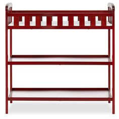 a red wooden bunk bed with two shelves on each side and one shelf below it