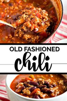 an old fashioned chili recipe in a white bowl with a spoon and red striped napkin