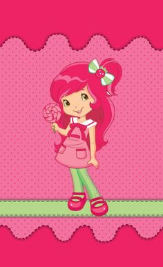 a girl with pink hair holding a lollipop in her hand on a pink background