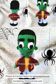 the crocheted toy is made to look like a green man with black hair