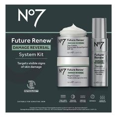 Discover a world first peptide technology in No7's Future Renew Damage Reversal Skincare. This skincare system features No7's Future Renew Damage Reversal Serum, Future Renew Damage Reversal SPF 25 Day Cream, and Future Renew Damage Reversal Night Cream that reverse visible signs of skin damage. This skincare kit is formulated with Pepticology, No7's new and patent-pending peptide technology. Pepticology is exclusive to No7's Future Renew line and supports the skin's natural self-repair process. Skincare For Anti Aging, Skin Care System, Skin Dryness, Wrinkled Skin, Skin Care Kit, Skin Care Serum, Broad Spectrum Sunscreen, Day Cream, Skincare Set