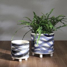 two planters sitting on top of a wooden table next to a potted plant