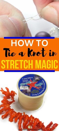 how to tie a knot in stretch magic with orange string and spools on white background