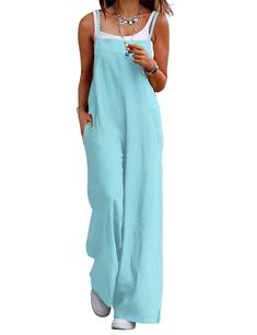 PRICES MAY VARY. Indulge in the comfort and softness of our long bib pants jumpsuit. These summer jumpsuits for women are made of 100% cotton. Soft, comfortable and airy for hot summer and humid days. As a bohemian overalls for women, that can be eye-catching in the crowd,these long bib pants will add a splash of color to your summer wardrobe. Adjustable Spaghetti Straps, Side Split Wide Leg, Loose Waist, Ankle-Length Cropped, Low Crotch, 2 Inserting Pockets on the Front.You can put some small i Cheap Light Blue Casual Overalls, Cheap Casual Light Blue Overalls, Casual Full Length Blue Overalls, Blue Beach Overalls Jumpsuit, Bohemian Overalls, Summer Jumpsuits For Women, Blue Non-stretch Casual Overalls, Wide Leg Overalls, Summer Jumpsuits