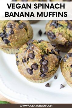 vegan spinach banana muffins on a white plate with text overlay