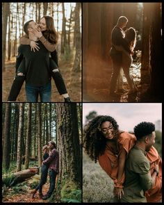 four different pictures of people in the woods, one with her arms around the other