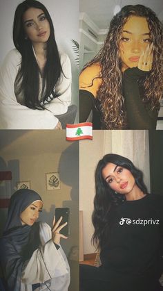 four different pictures of women with long hair and wearing hijabs, one showing the flag of jordan