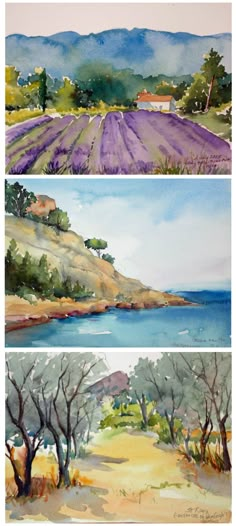 three watercolor paintings of lavender fields, trees and the ocean in different stages of being painted