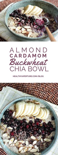 a bowl filled with oatmeal and fruit on top of a cloth covered table