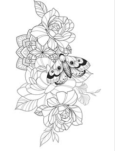 a black and white drawing of flowers with butterflies on it's wings, surrounded by leaves