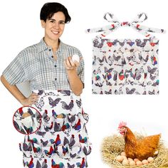 a woman standing next to an apron with chickens on it and eggs in the nest