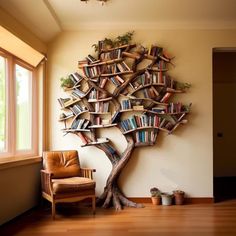 a tree shaped book shelf with books on it