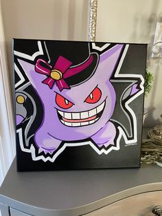 a painting of a purple cat with a top hat and bow tie on it's head