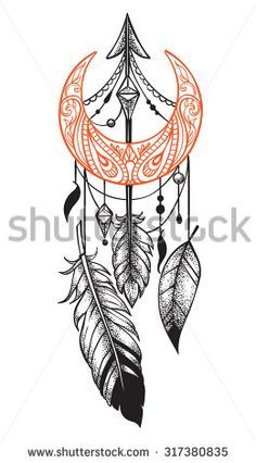 an orange and black dream catcher with feathers hanging from it's side on a white background