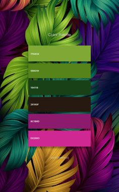 the color palette is very colorful, and it looks like an assortment of tropical leaves