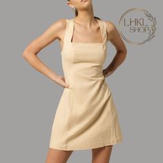 Linen Mini Dress, Summer Dress, Square Neck Dress, Sleeveless Dress, A-line Dress, Elegant Dress, Simple Linen Dress, Short Dress Elevate your style with our exquisite linen A-line dress featuring a chic square neckline. Crafted for those who embrace simplicity and sophistication, this versatile piece effortlessly exudes timeless elegance. Perfect for any occasion, it's a must-have for your wardrobe. ⭐ MATERIALS: 100% washed linen ⭐ DETAILS:  - Square neckline - Hidden zipper - With lining ⭐ SIZ Fitted A-line Halter Sundress, Beige Mini Suspender Dress, Beige A-line Sleeveless Sundress, Beige A-line Sleeveless Dress For Summer, Beige Fit And Flare Mini Dress, Beige A-line Sleeveless Dress For Spring, Beige Mini Suspender Dress For Summer, Beige A-line Lined Midi Dress, Lined Knee-length Sleeveless Sundress