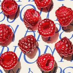 red raspberries are arranged on a blue and white background