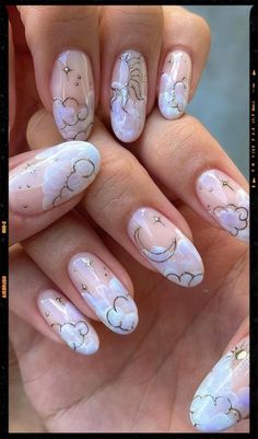 Pics edited by AirBrush App. Filter: Color  ult-3 • Almond nails with Cloud , Sun and Moon Designs #airbrush #retouch #photoeditor #filter #almond #airbrushart #airbrushfilter #almondnails #clouds #moon Sun Nails, Polar Lights, Nail Charm, Moon Nails, Nail Supplies