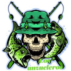 a skull wearing a green hat and holding two fish