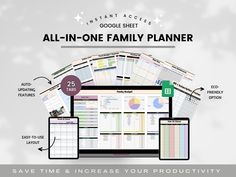 the all - in - one family planner is shown on a computer screen and tablet