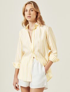 The Boyfriend: 100% Linen in Sunshine Yellow Stripe. The ultimate shirt for summer. Made from cool linen that gets softer with every wear, this yellow and white stripe pairs perfectly with blue denim, tucked into a silk skirt or simply over a bikini. Product Details Collared Slightly dropped shoulder Sits away from the body Long sleeved Double buttoned, regular cuff Two pleats across yoke Curved hem that sits longer at the back Shirt length: long Fit Advice Please refer to our size guide here Fi Yellow Striped Shirt Outfit, Striped Boyfriend Shirt, Yellow Striped Shirt, Earth Style, Striped Linen Shirt, The Boyfriend, Back Shirt, Sunshine Yellow