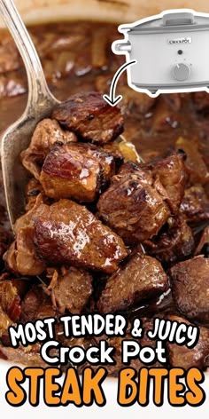 a spoon full of stew with the words most tender and juicy crock pot steak bites