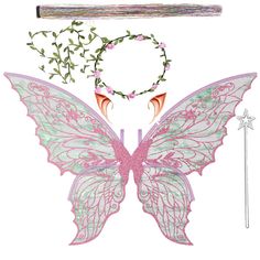 a pink butterfly with wings and flowers on it's back, sitting next to a wand