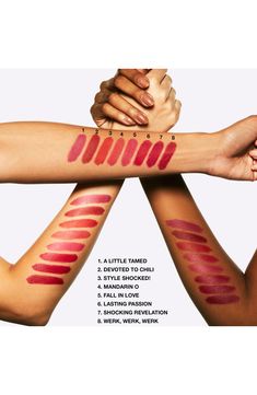 What it is: A weightless, moisture-matte lipstick that delivers a blur of soft-focus color.What it does: This matte lipstick was developed to replicate a backstage technique-blending out the edges of matte lipstick for a hazy effect. Its groundbreaking formula contains moisture-coated powder pigments that condition and hydrate your lips. The result is a zero-shine look with a cushiony, lightweight balm feel.How to use: Prep with a primer before applying, then smooth directly onto your lips from Mac Powder Kiss Lipstick Swatches, Mac Powder Kiss Liquid, Powder Matte Lipstick, Mac Powder Kiss Lipstick, Best Mac Lipstick, Mac Powder Kiss, Lip Shade, Lipstick Style, Fall Lipstick