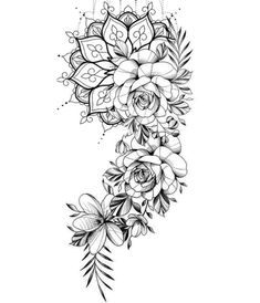 a black and white drawing of flowers with leaves on the bottom half of their petals