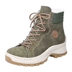 Rieker Lace-up Boot with Warm Lining for Women - Green Rieker Lace-up Boot with Warm Lining in Green Experience vacation vibes for your feet with these casual lace-up boots featuring a higher shaft from Rieker. The clever combination of laces and zipper allows for easy on and off. A round Rieker logo enhances the polished and chic look. The sturdy yet lightweight outsole prevents slipping. These lace-up boots offer super comfort with their replaceable, cushioned insole. Cozy warm lining ensures your feet stay toasty all day long. Ideal for everyday wear!   Color: Green  Heel Height: 3cm  Heel Type: Block Heel  Toe Shape: Round  Shoe Width: Normal (G)  Removable Insole: No  Outsole Color: Brown  Closure: Lace-up  Season: Autumn/Winter   Material & Care  Upper Material: Faux Leather  Lining Happy Shoes, Shoe Brushes, Green Heels, Soft Shoes, Lace Up Ankle Boots, Casual Lace, Green Lace, Boots For Women, Shoe Care