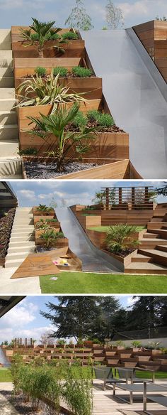 three different views of an outdoor area with wooden benches and plants on the sides, along with steps leading up to stairs