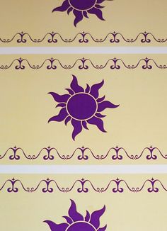 three purple and yellow wallpapers with decorative designs on them, one is in the shape of a sun