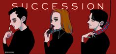 three people standing next to each other in front of a red background with the words succession on it