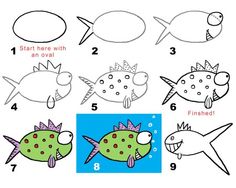 step by step drawing instructions for children to learn how to draw cartoon fish with numbers