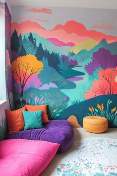 a living room with colorful wallpaper and floor to ceiling murals on the walls,