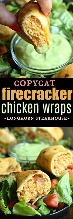 a person dipping some food into a bowl with green sauce on it and the words copycat firecracker chicken wraps