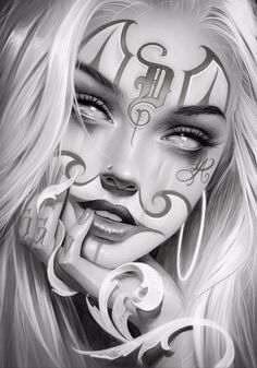 a drawing of a woman with white makeup and tattoos on her face, in black and white