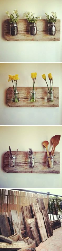 three shelves with vases and flowers on them, one is made out of pallets