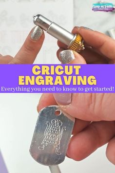 a person holding a small metal object with the words cricut engraving everything you need to know to get started