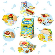 an assortment of toys including sandwiches, donuts and other foods on a white background