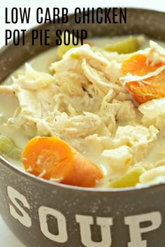 a bowl of chicken pot pie soup with carrots and celery in it