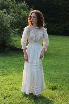 antique edwardian 1900s / 1910s sheer cotton and lace lawn dress hooks and eyes down the back  waist 21 inches pit to pit 13 inches  in good antique condition  some flaws such as tiny holes and stains Victorian Dress For Garden Party, Vintage Lace Victorian Dress For Garden Party, Victorian Dress With Empire Waist And Lace Trim, 1910s Fashion Women, Dress Lingerie, 1910s Fashion, Lawn Dress, Lingerie Dress, Women's Summer Fashion