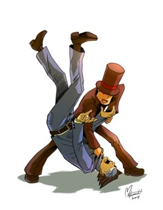 a man in a top hat is falling down while holding onto another man's leg