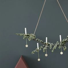 some white candles are hanging from a long branch with greenery on it in front of a gray wall